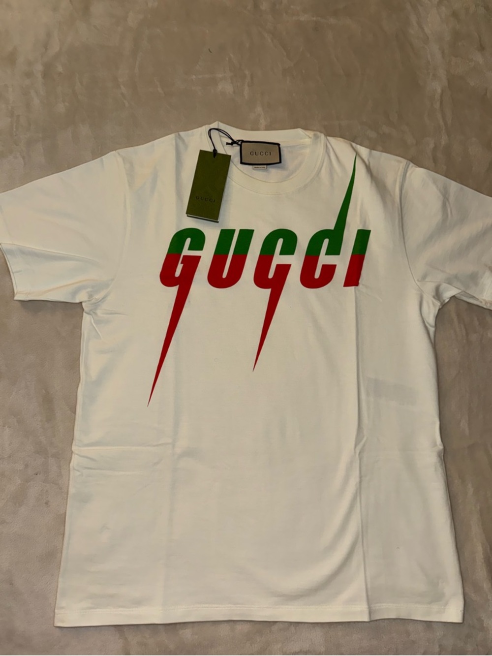 Gucci White Short Sleeve Tee with Red and Green Lightning Logo